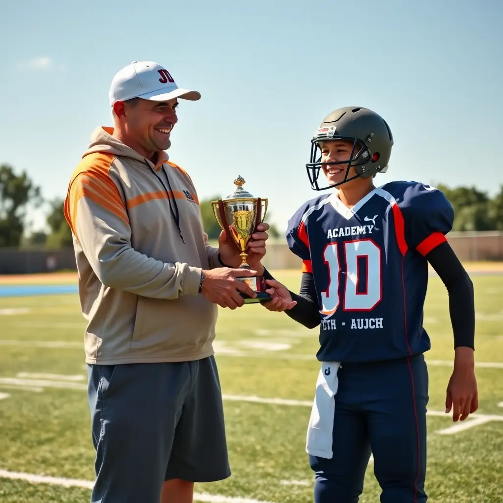 A football student receiving an award from a coach at JD Football Academy.