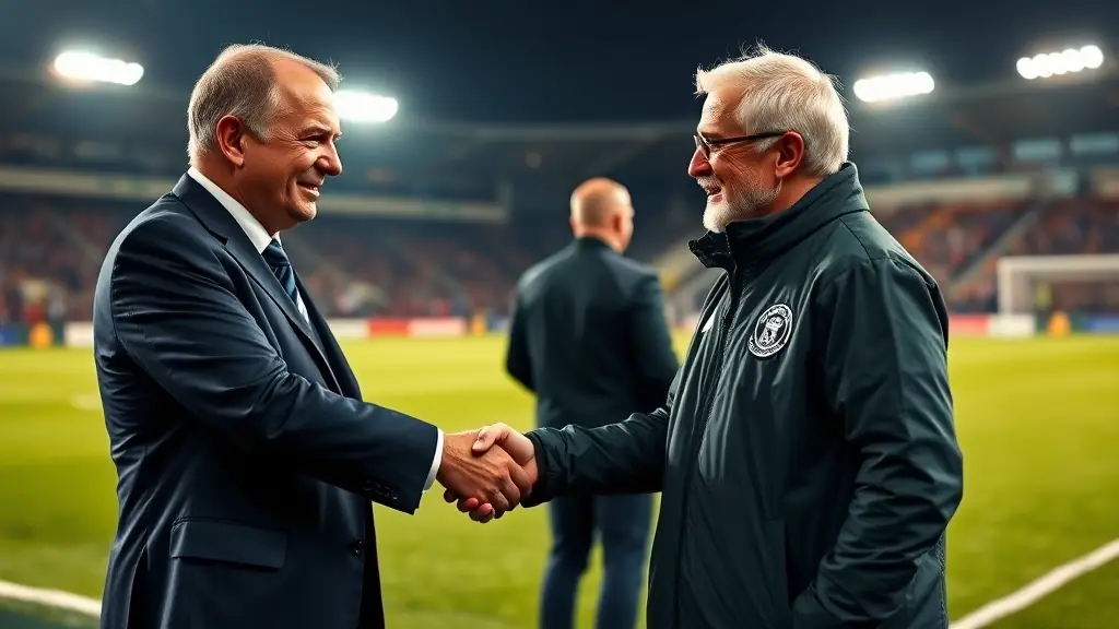 A young football player in JD Football Academy uniform shaking hands with a scout in a suit, with a European football stadium in the background.