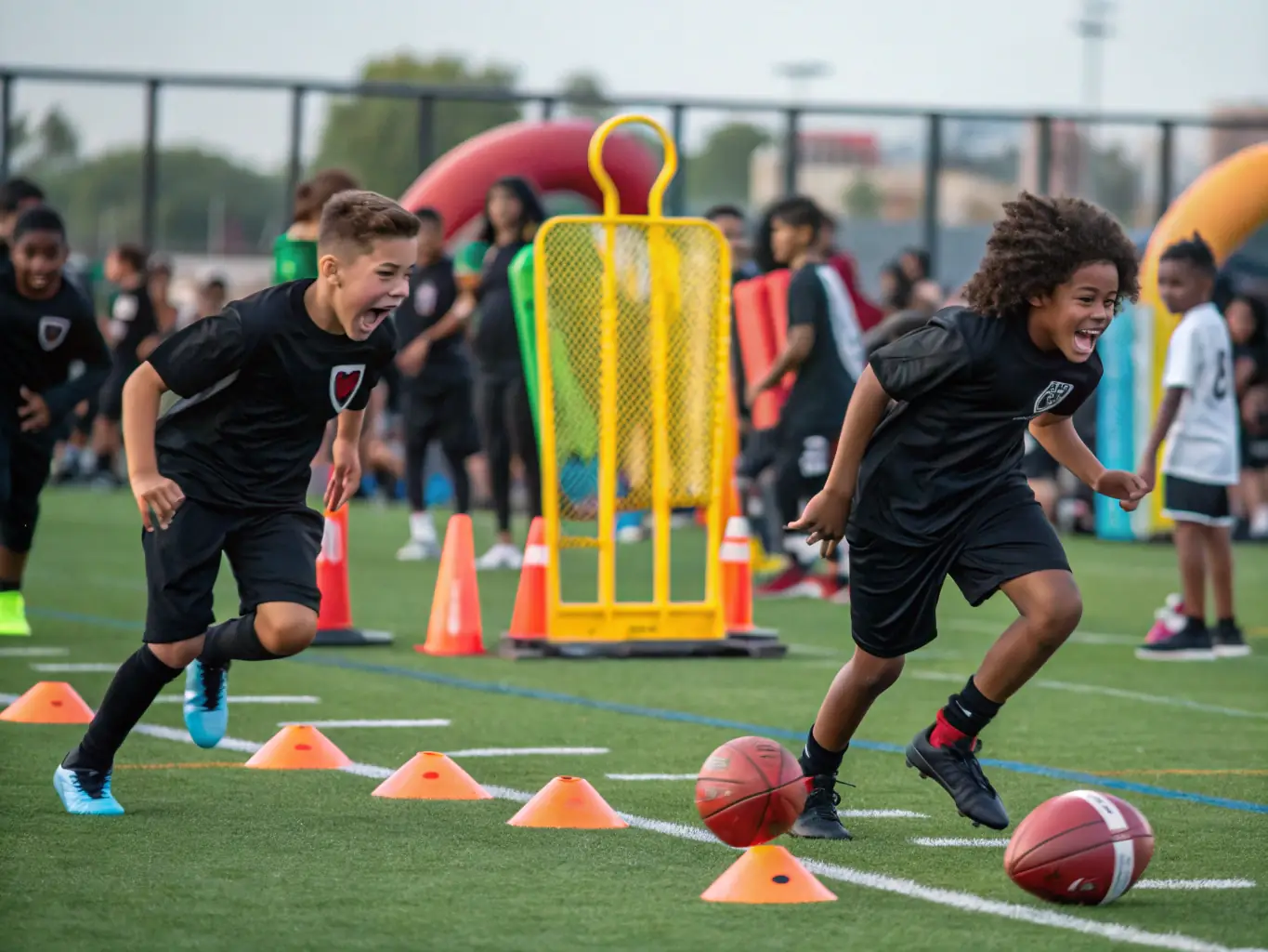 A dynamic action shot of young football players participating in a training drill at JD Football Academy, showcasing their agility and teamwork.