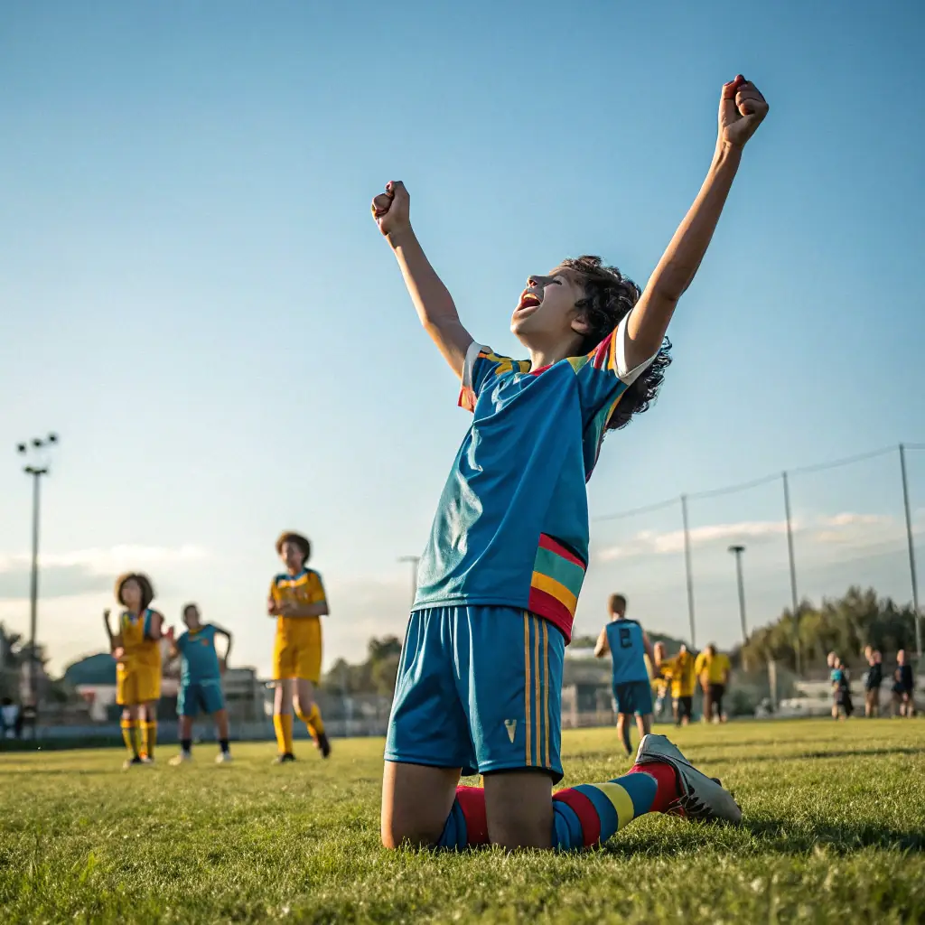 A young football player in JD Football Academy uniform, celebrating a goal during a match.