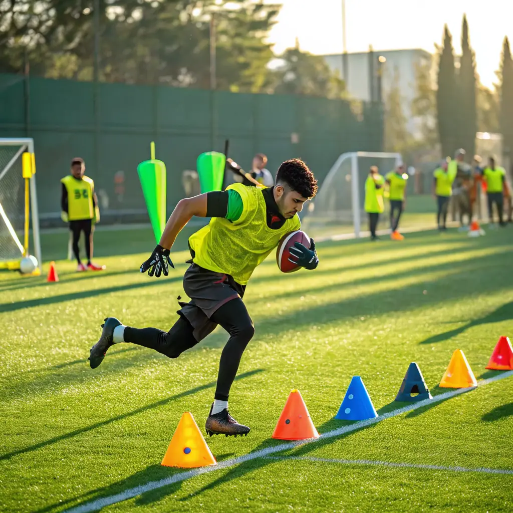 A student in action during a training session at JD Football Academy, showcasing agility and skill.