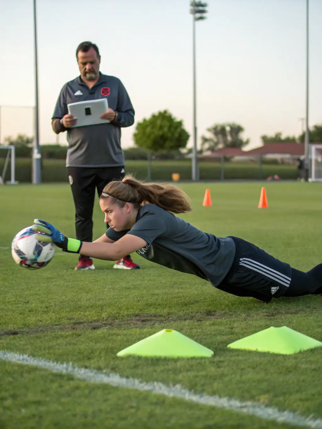 A young goalkeeper making a diving save during a training session at JD Football Academy, showcasing their reflexes and technique.