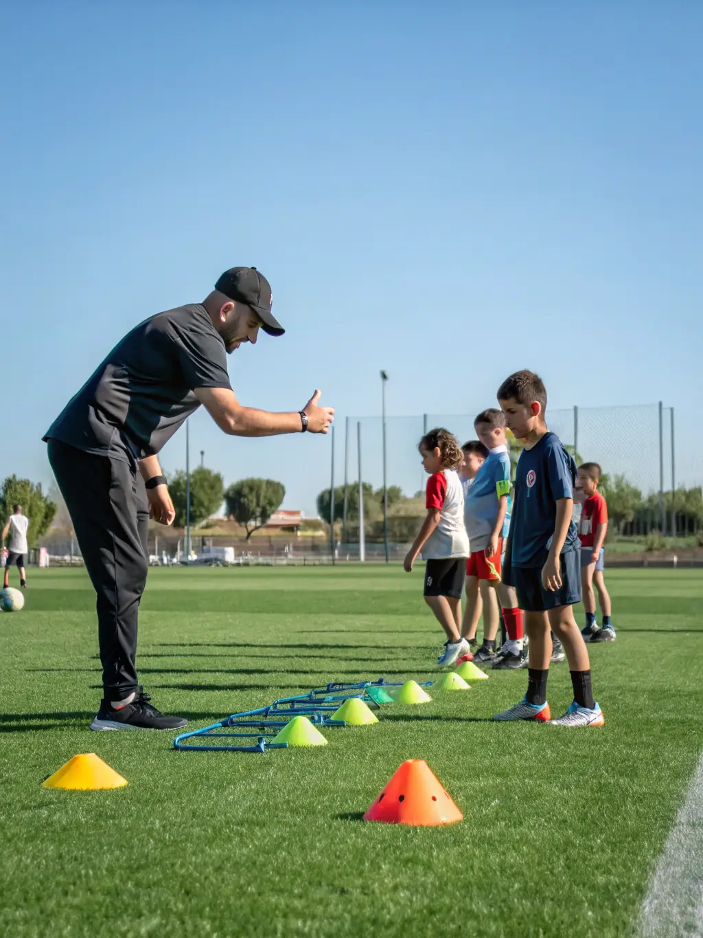 A dynamic image of a coach guiding young players through agility drills on the football field at JD Football Academy.