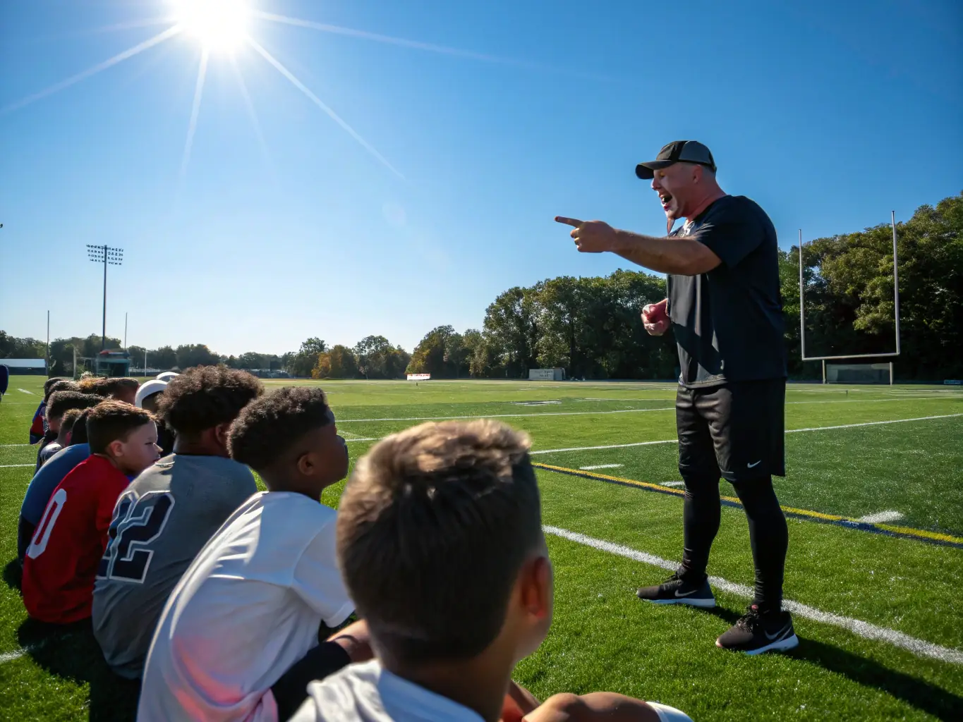 An image of a coach providing tactical instructions to a group of players during a training session at JD Football Academy.